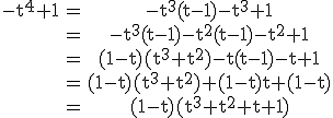 3$\rm \begin{tabular}-t^{4}+1&=&-t^{3}(t-1)-t^{3}+1\\&=&-t^{3}(t-1)-t^{2}(t-1)-t^{2}+1\\&=&(1-t)(t^{3}+t^{2})-t(t-1)-t+1\\&=&(1-t)(t^{3}+t^{2})+(1-t)t+(1-t)\\&=&(1-t)(t^{3}+t^{2}+t+1)\end{tabular}